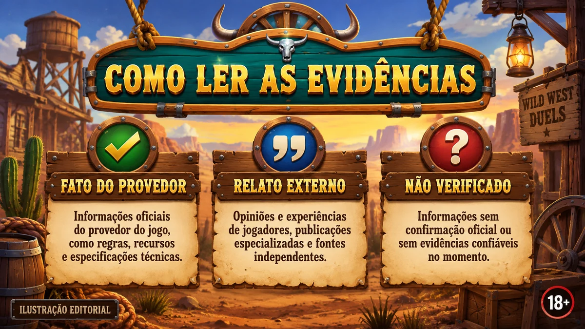 Matriz editorial separando fato do provedor, relato externo e item não verificado no Wild West Duels