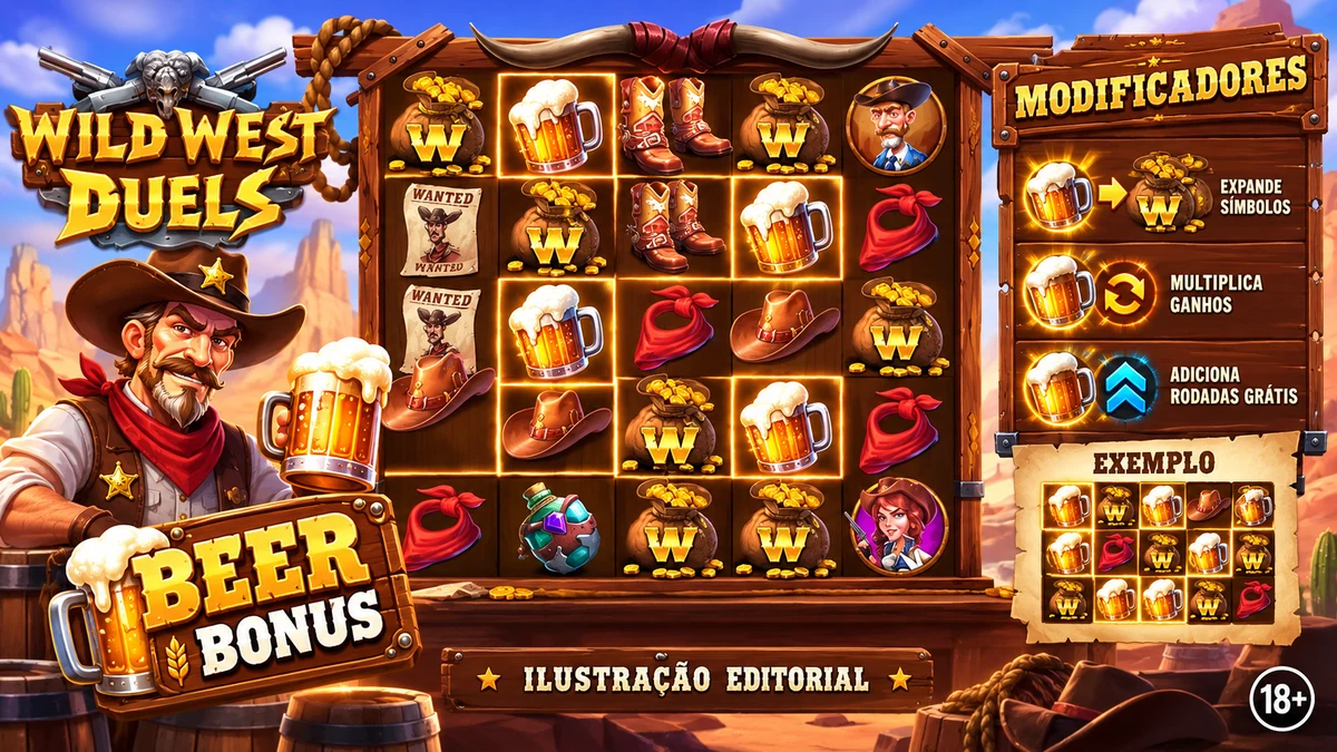 Ilustração editorial do Beer Bonus do Wild West Duels com modificadores na grade