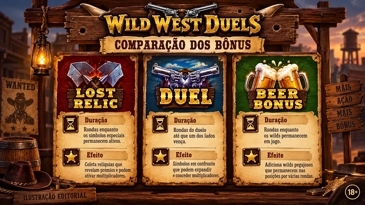 Comparação editorial entre Lost Relic, Duel e Beer Bonus no Wild West Duels