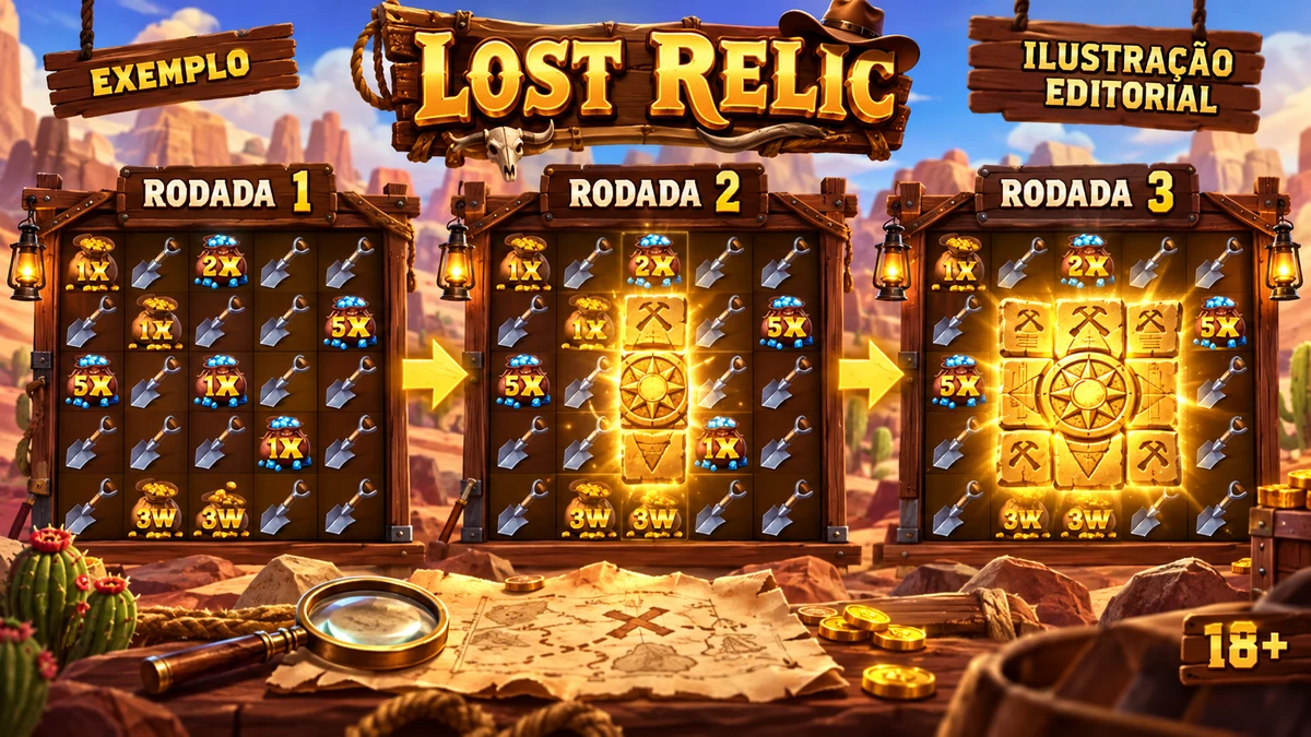 Ilustração editorial do bônus Lost Relic com três rodadas no Wild West Duels