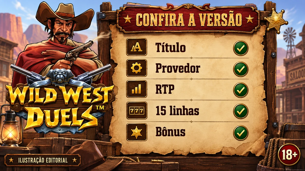 Checklist ilustrado para conferir título, provedor, RTP, linhas e bônus de Wild West Duels