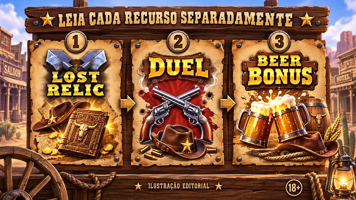 Fluxo instrucional dos recursos Lost Relic, Duel e Beer em Wild West Duels