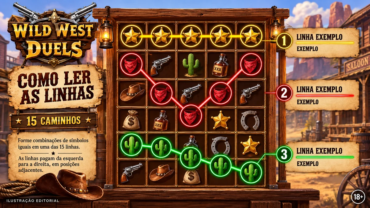 Exemplo ilustrado de percurso de linhas na grade 5x5 do Wild West Duels
