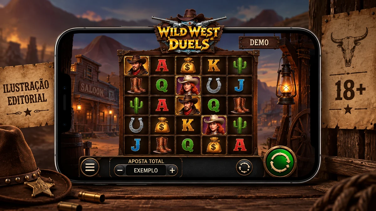 Mockup editorial da demo do Wild West Duels em navegador móvel com controles legíveis