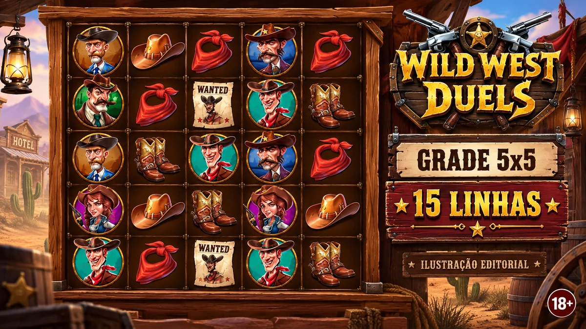 Ilustração editorial da identidade de Wild West Duels com grade 5x5 e indicação de 15 linhas