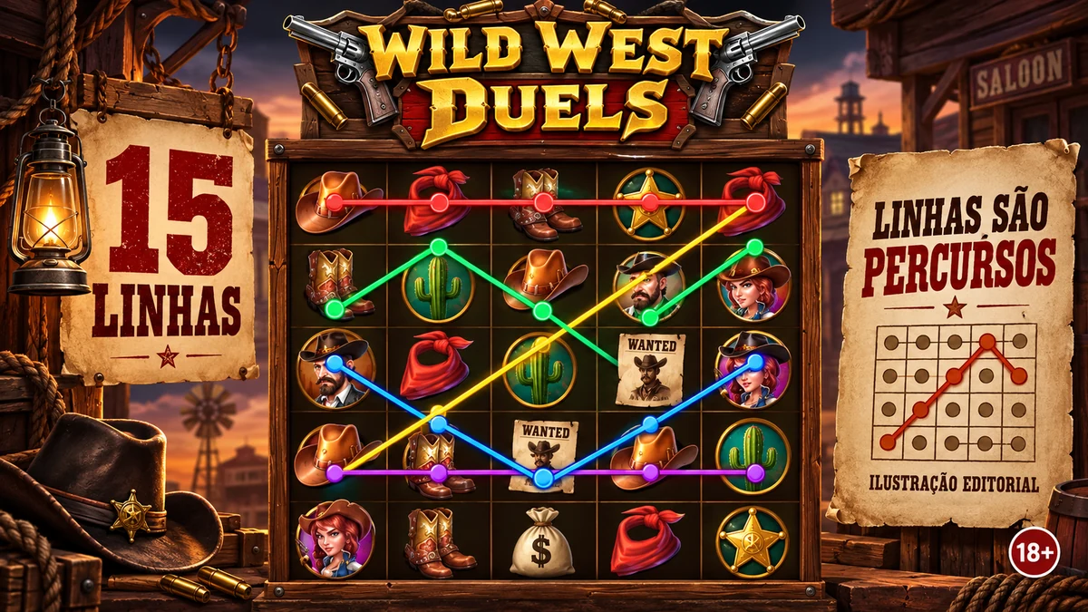 Diagrama editorial de leitura das 15 linhas em uma grade 5x5 de Wild West Duels