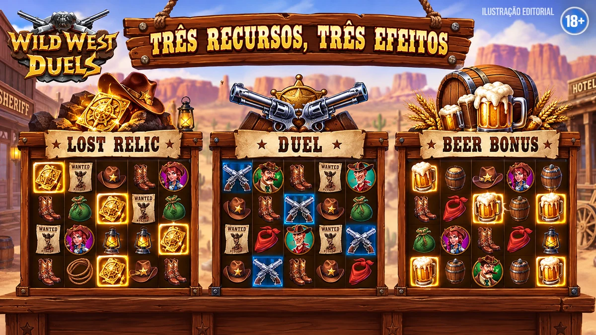 Comparação ilustrada dos bônus Lost Relic, Duel e Beer em Wild West Duels